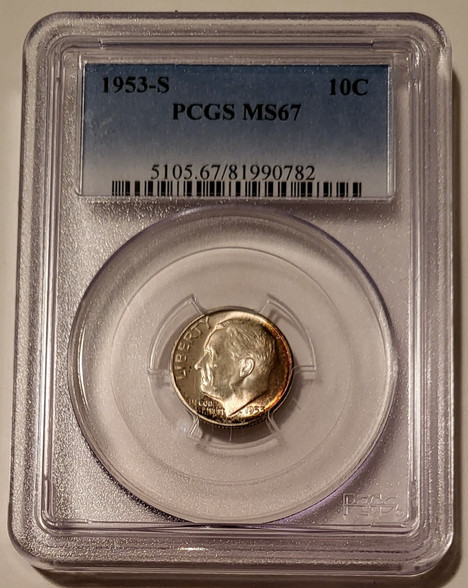 1953 s Roosevelt dime ms67 pcgs toning a