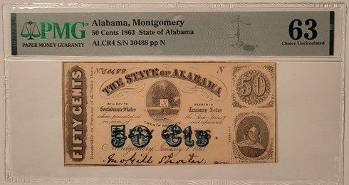 Civil war era Alabama 1863 50 cents note 63 pmg a