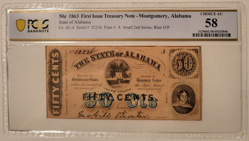 Civil war alabama 1863 50 cents note 58 pcgs a