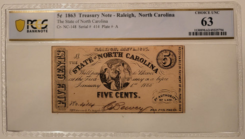 Civil War North Carolina 5 cents note 63 pcgs a