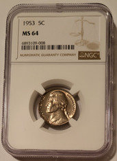 1953 Jefferson Nickel MS64 ngc toning a