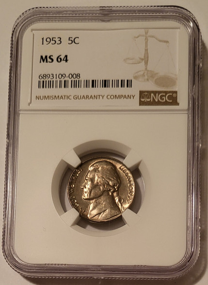 1953 Jefferson Nickel MS64 ngc toning a