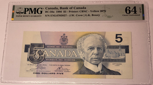 Canada 1986 5 dollars note 64 epq pmg a