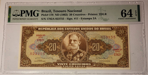 Brazil 1962 20 Cruzeiros bank note 64 epq pmg a
