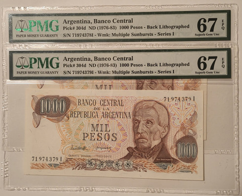 Argentina 2 1976-83 1000 pesos notes consecutive 67 epq pmg a
