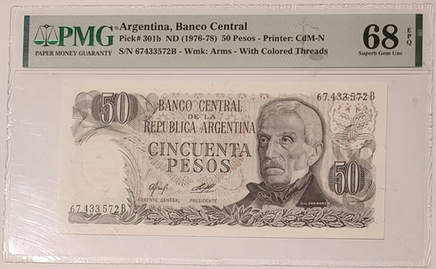 Argentina 1978 50 pesos bank note 68 epq pmg a