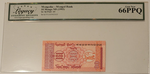 Mongolia 1993 10 mongo bank note 66 ppq legacy grading b