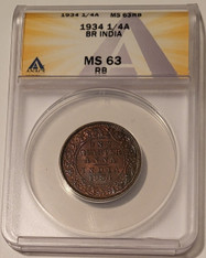 India 1934 quarter anna ms63 rb anacs a
