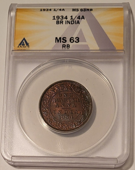 India 1934 quarter anna ms63 rb anacs a