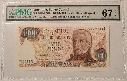 Argentina 1976-83 1000 pesos bank note 67 epq pmg a