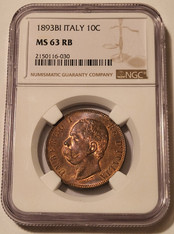 Italy 1893 bi 10 centesimi ms63 rb ngc a