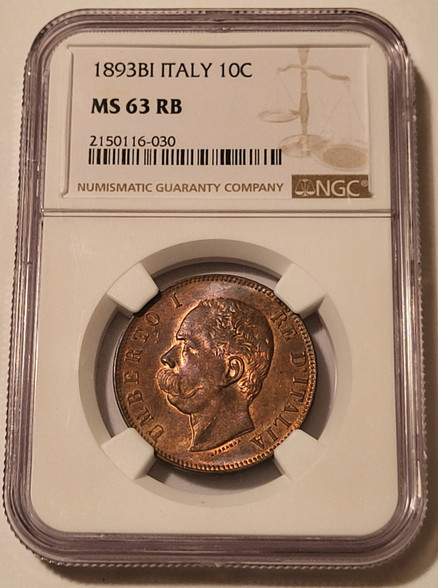 Italy 1893 bi 10 centesimi ms63 rb ngc a
