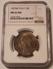 Italy 1893 bi 10 centesimi ms62 bn ngc a