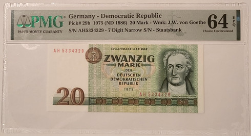 East Germany 1986 20 Mark bank note 64 epq pmg a