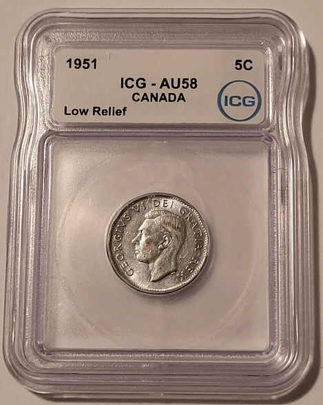 Canada-George-v-1951-5-cents-low-relief-au58-icg-a