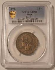 Togo-1924-2-francs-au50-pcgs-gsh-a