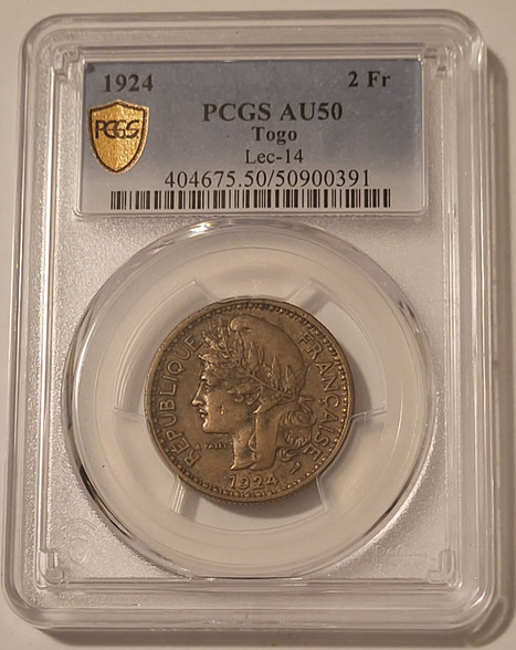 Togo-1924-2-francs-au50-pcgs-gsh-a
