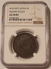 Japan-1877-2-sen-coin-square-scales-au58-ngc-a