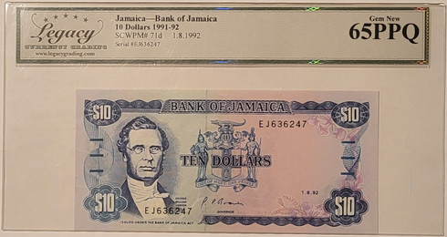 Jamaica-1991-92-10-dollars-bank-note-65-ppq-legacy-a