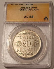 Tunisia-1934-silver-20-francs-au58-anacs-a