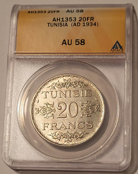 Tunisia-1934-silver-20-francs-au58-anacs-a