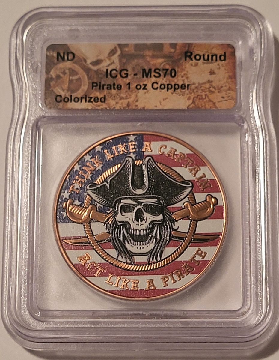 Copper Round 1 oz .999 Fine ND Pirate Colorized MS70 ICG