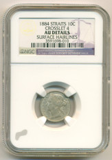 Straits Settlements (Malaysia) Silver 1884 10 Cents Crosslet 4 AU Details NGC