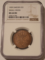 Sweden-1909-5-ore-small-cross-ms64-bn-ngc-a