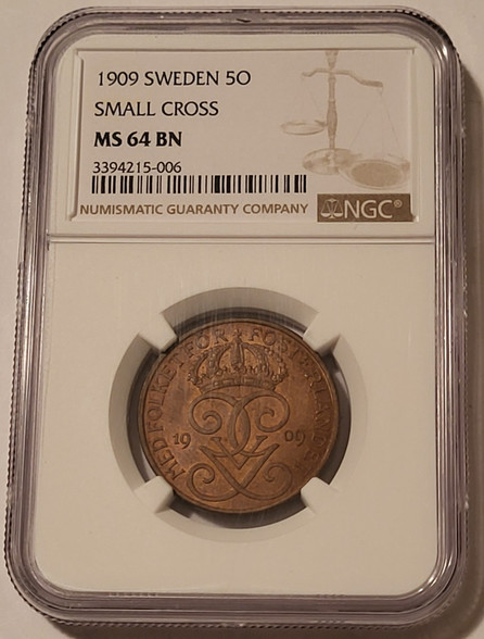 Sweden-1909-5-ore-small-cross-ms64-bn-ngc-a