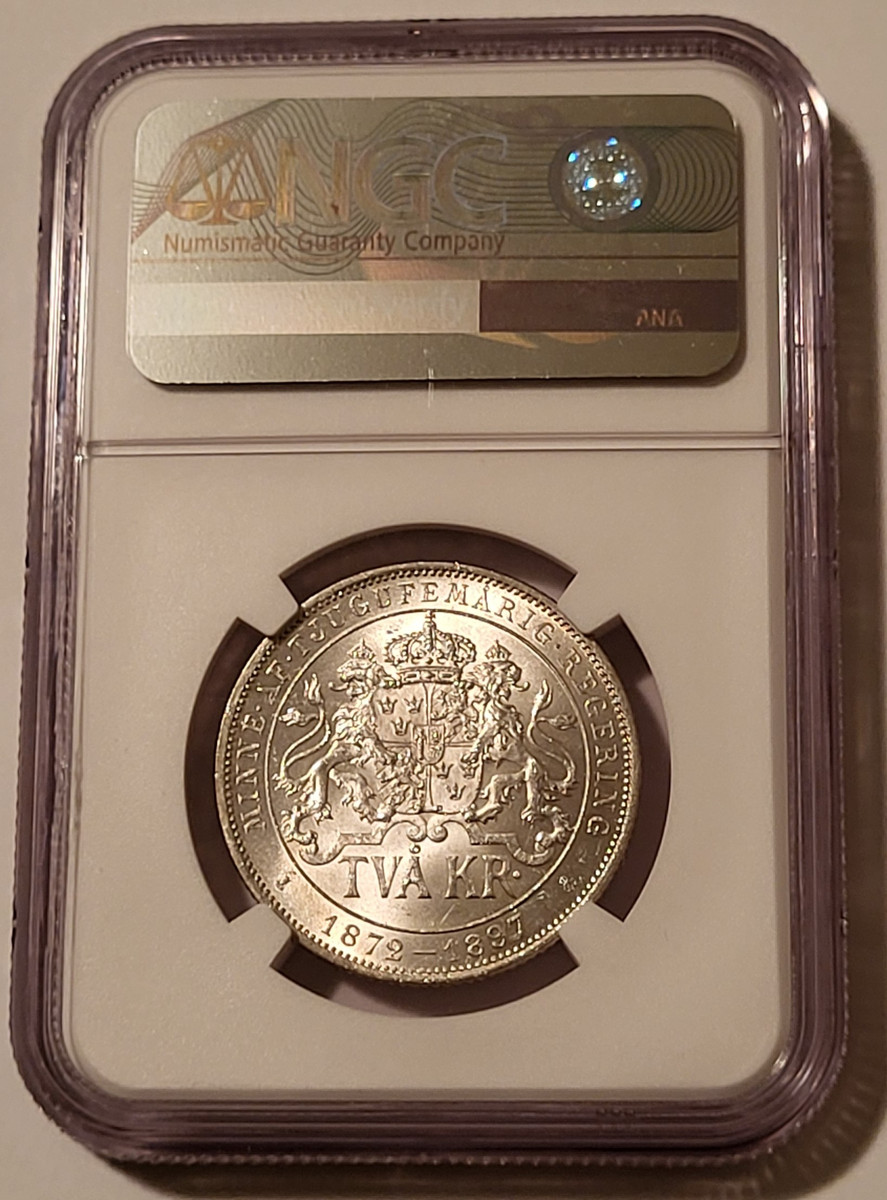 Sweden Oscar II 1897 EB Silver Jubilee 2 Kronor MS64 NGC