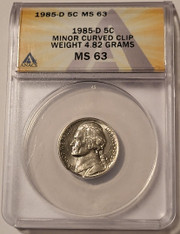 1985-d-Jefferson-nickel-error-minor-curved-clip-ms63-anacs-a