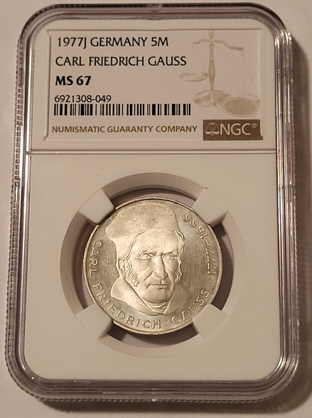 west-germany-1977-j-silver-5-mark-gauss-ms67-ngc-a