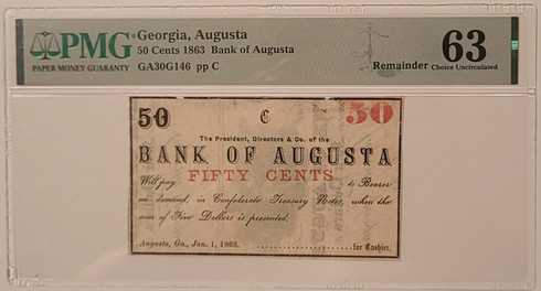 Augusta-Georgia-1863-bank-note-63-remainder-pmg-a