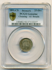 Denmark Silver 1891 CS 25 Ore Genuine AU Details PCGS