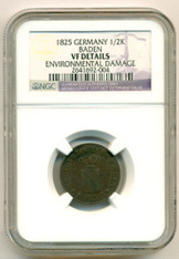 Germany -States- Baden 1825 1/2 Kreuzer VF Details NGC Low Mintage