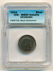 Denmark 1853 Rigsbankskilling KM-756 MS60 Details ICG