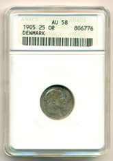 Denmark Silver 1905 25 Ore AU58 ANACS