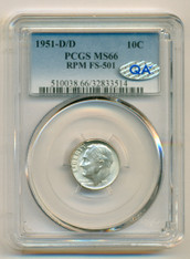 1951 D/D Roosevelt Dime RPM Variety FS-501 MS66 PCGS QA Check Sticker