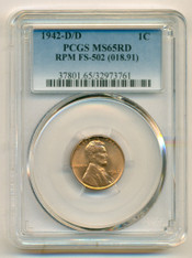 1942 D/D Lincoln Wheat Cent RPM Variety FS-502 MS65 RED PCGS
