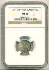 Tunisia Silver AH1334 (AD 1915) A 50 Centimes MS65 NGC