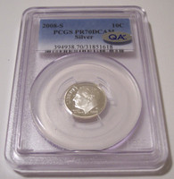 2008 S Silver Roosevelt Dime Proof PR70 DCAM PCGS QA Check Sticker