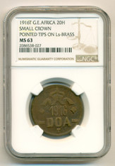 German East Africa 1916 T 20 Heller Brass Small Crown Pointed Tips on Ls MS63 NGC