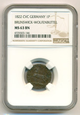 Germany - States Brunswick-Wolfenbuttel - 1822 CVC Pfennig MS63 BN NGC