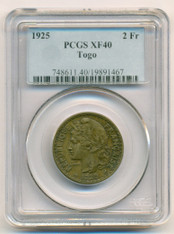Togo  - French Africa - 1925 2 Francs XF40 PCGS