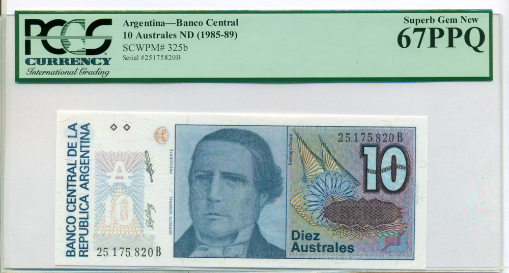 Argentina 1985-89 10 Australes Bank Note Superb Gem New 67 PPQ