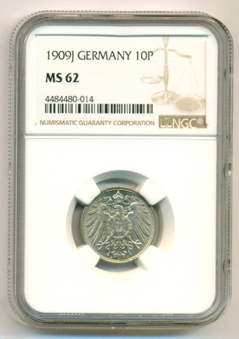 Germany -Empire- 1909 J 10 Pfennig MS62 NGC Scarce - Talos Numismatics