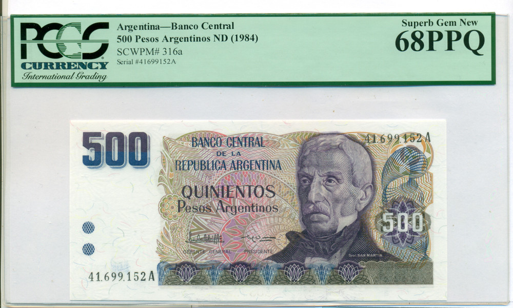 Argentina 1984 500 Pesos Argentinos Bank Note Superb Gem New 68 PPQ PCGS Currency Talos Argentina 1984 500 Pesos Argentinos Bank Note Superb Gem New 68 PPQ PCGS Currency Talos