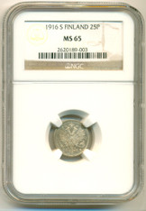 Finland Silver 1916 25 Pennia MS65 NGC