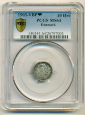 Denmark Silver 1903 VBP Heart 10 Ore MS64 PCGS Secure