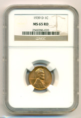 1939 D Lincoln Wheat Cent MS65 RED NGC